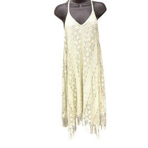 Anna Sui dress ivory lacy fringed high low hem small dressy / casual lined